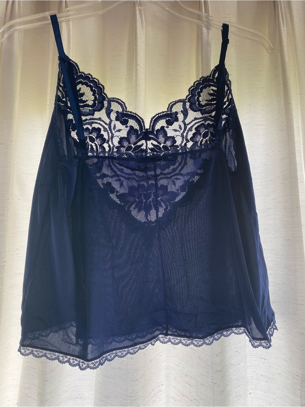 VTG Navy Lace Trim Semi-Sheer Cami Slip Top Cropped Y2K Lingerie Bow Large
